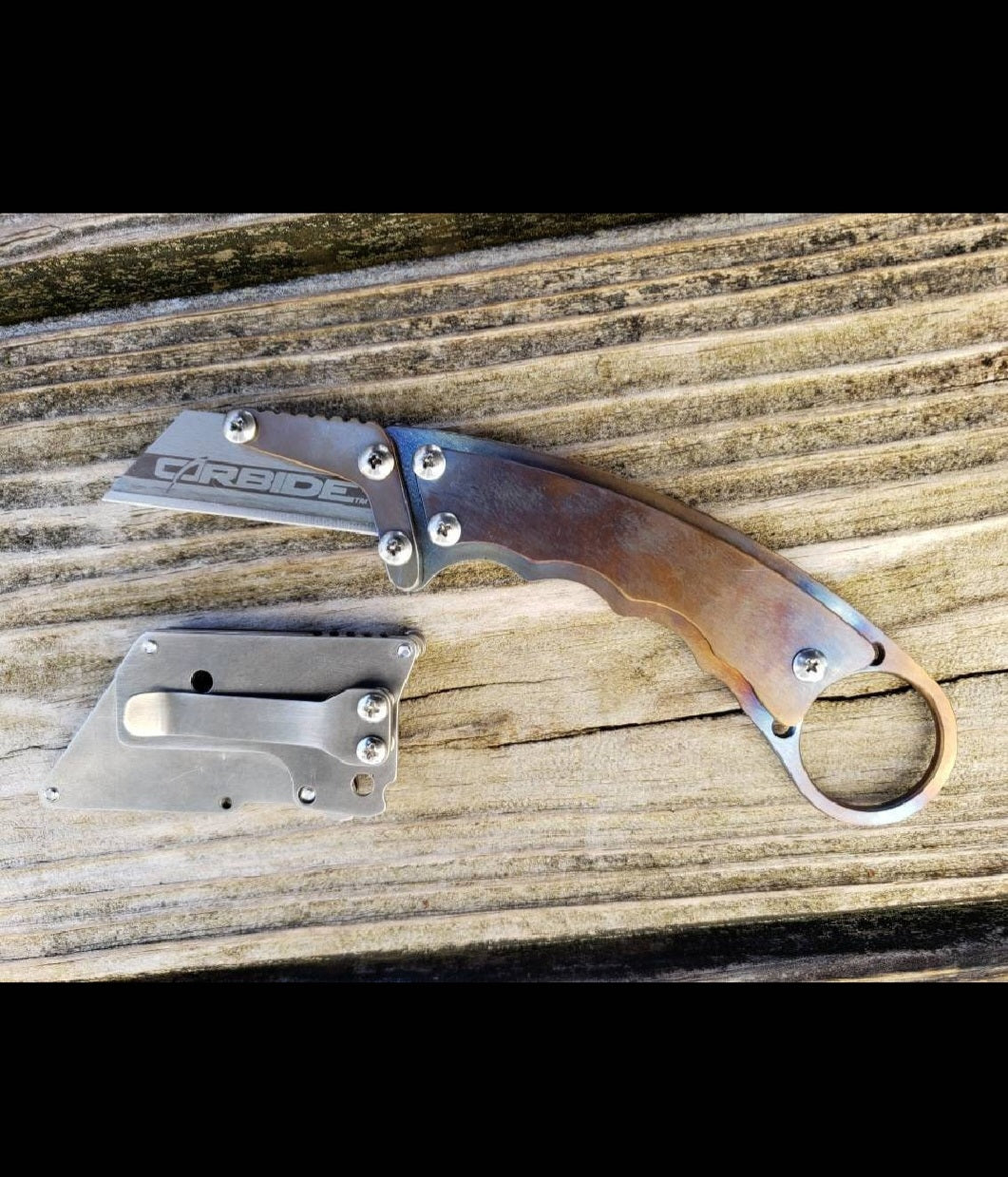 TD Tools Fixed Blade Utility Knife Karambit Style with Metal Belt Clip Sheath - Flamed