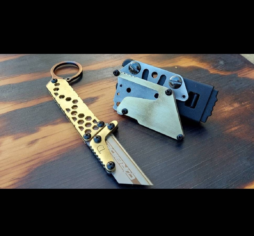 TD Tools Fixed Blade Utility Knife with Tactical Belt Clip - Hex Fractal Brass