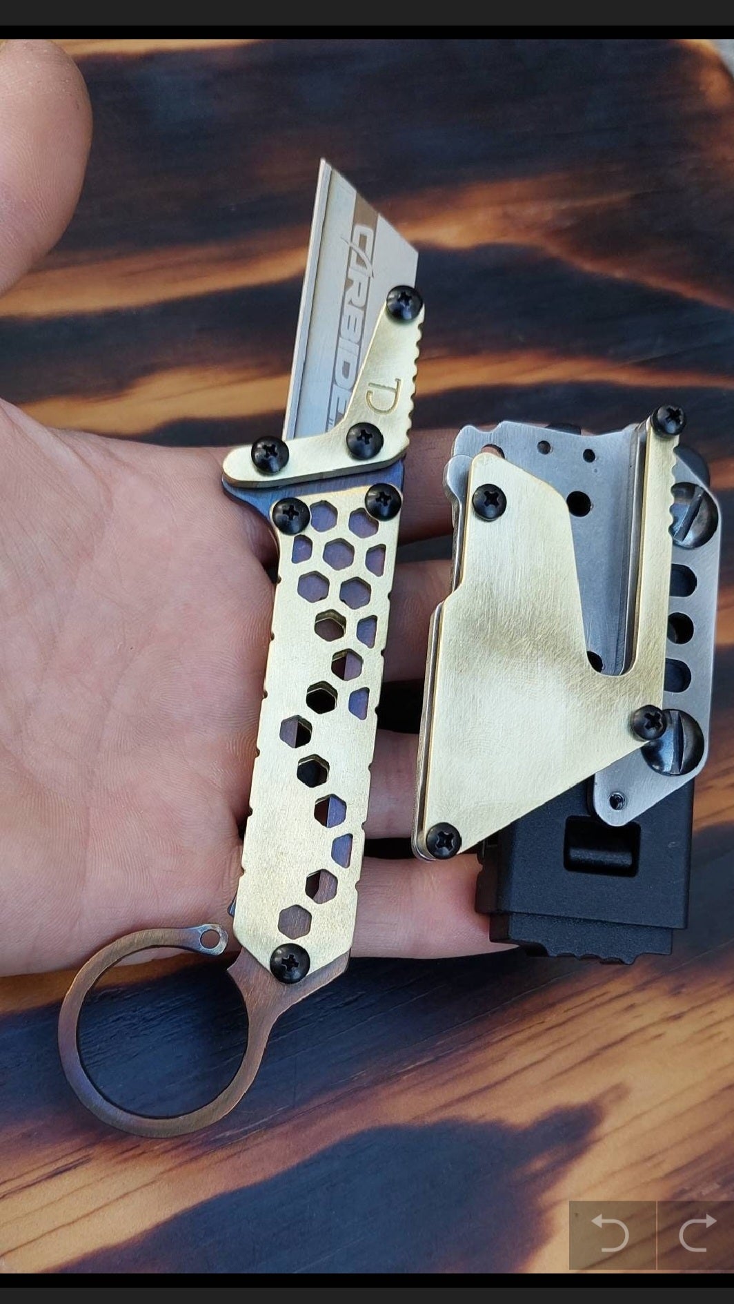 TD Tools Fixed Blade Utility Knife with Tactical Belt Clip - Hex Fractal Brass