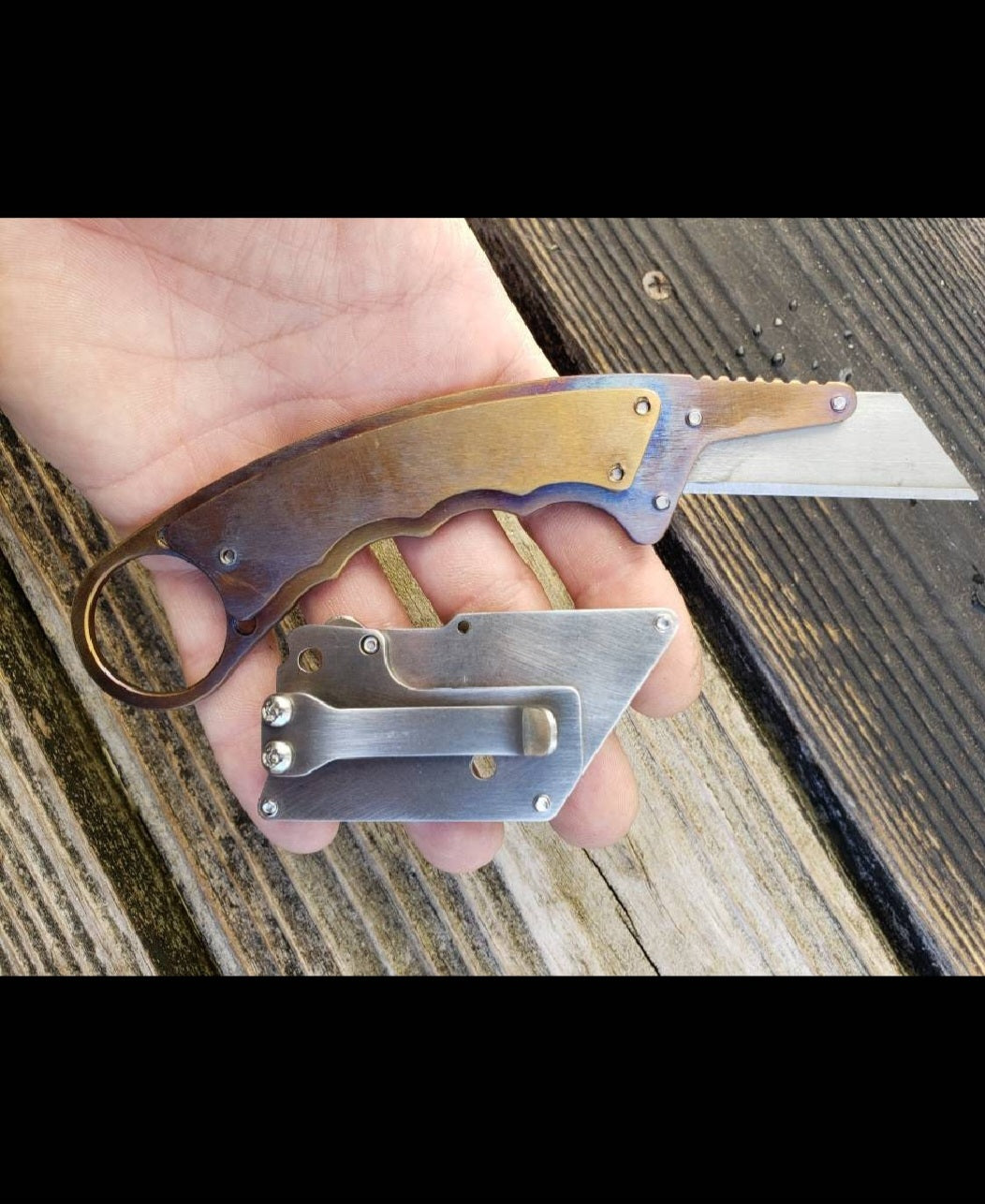 TD Tools Fixed Blade Utility Knife Karambit Style with Metal Belt Clip Sheath - Flamed