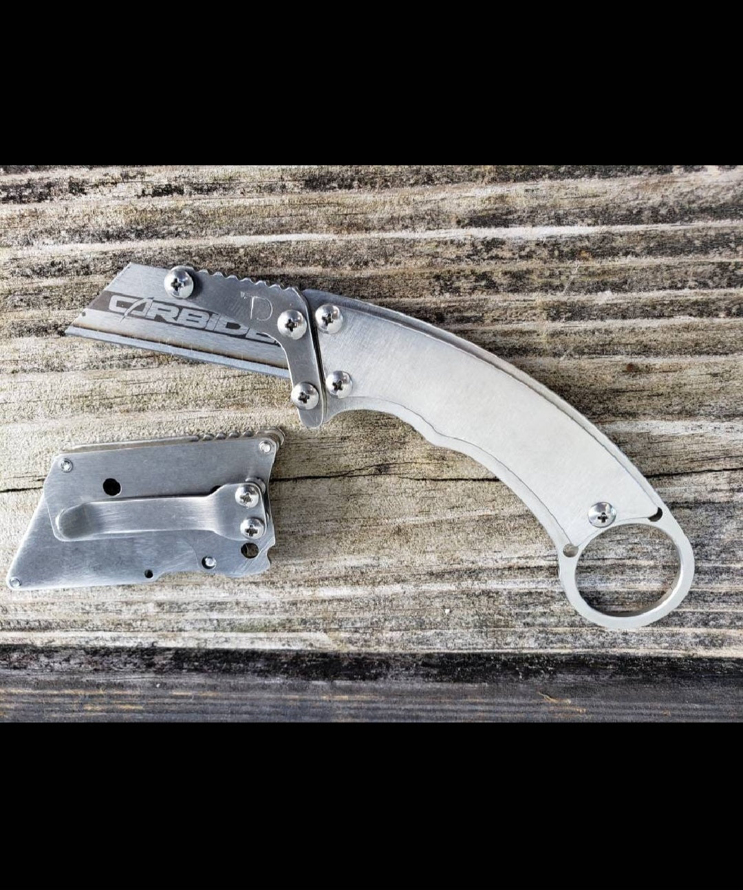 TD Tools Fixed Blade Utility Knife Karambit Style with Metal Belt Clip Sheath - Polished