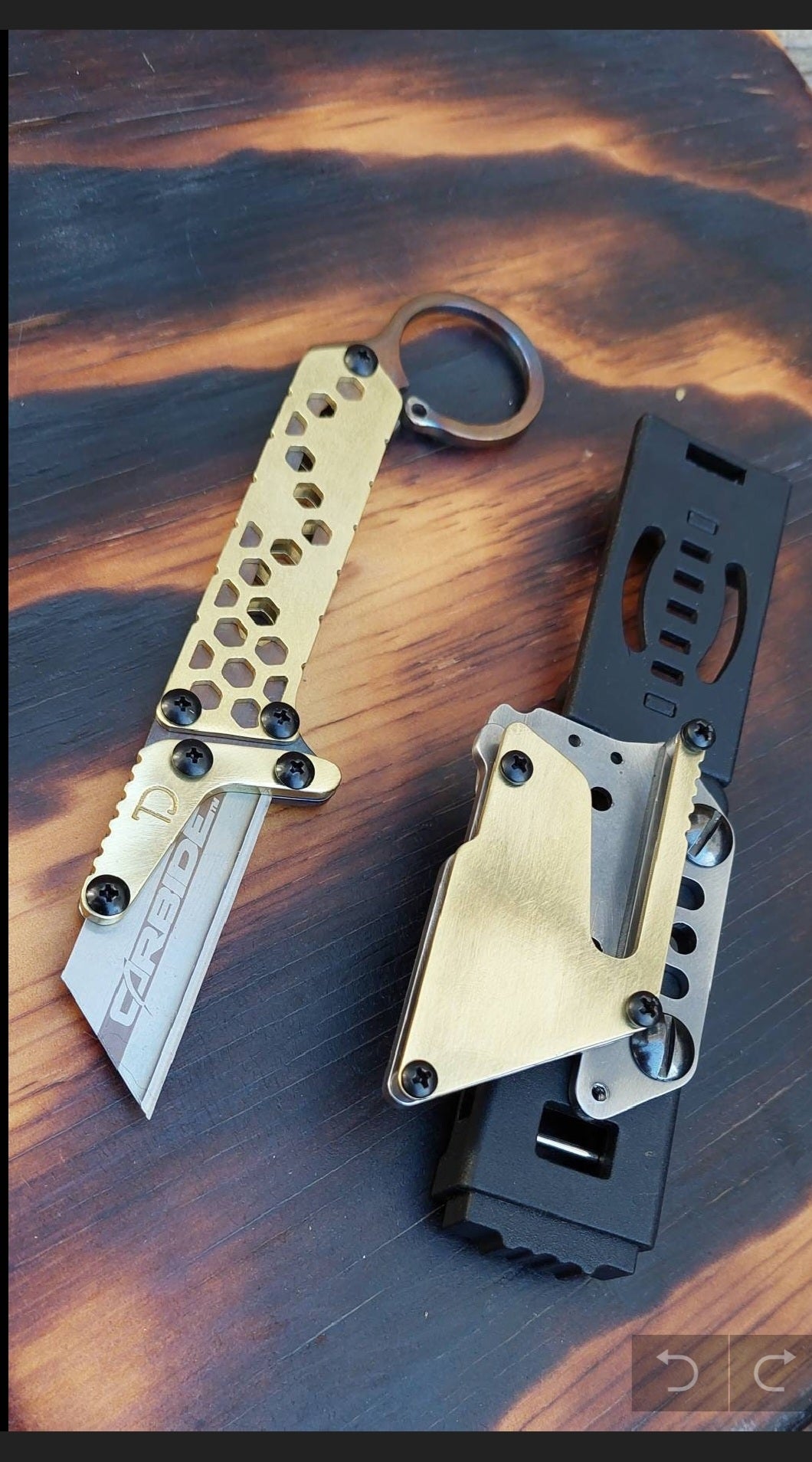 TD Tools Fixed Blade Utility Knife with Tactical Belt Clip - Hex Fractal Brass