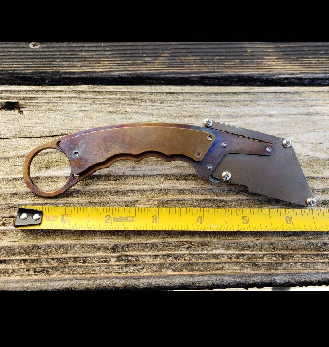TD Tools Fixed Blade Utility Knife Karambit Style with Metal Belt Clip Sheath - Flamed