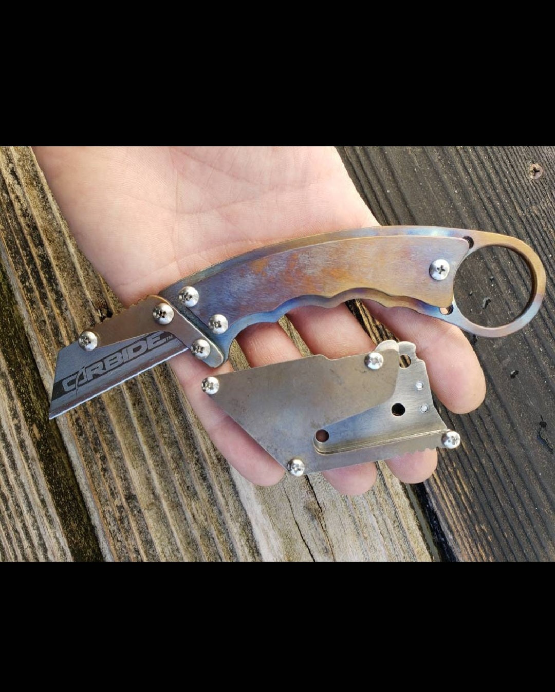 TD Tools Fixed Blade Utility Knife Karambit Style with Metal Belt Clip Sheath - Flamed