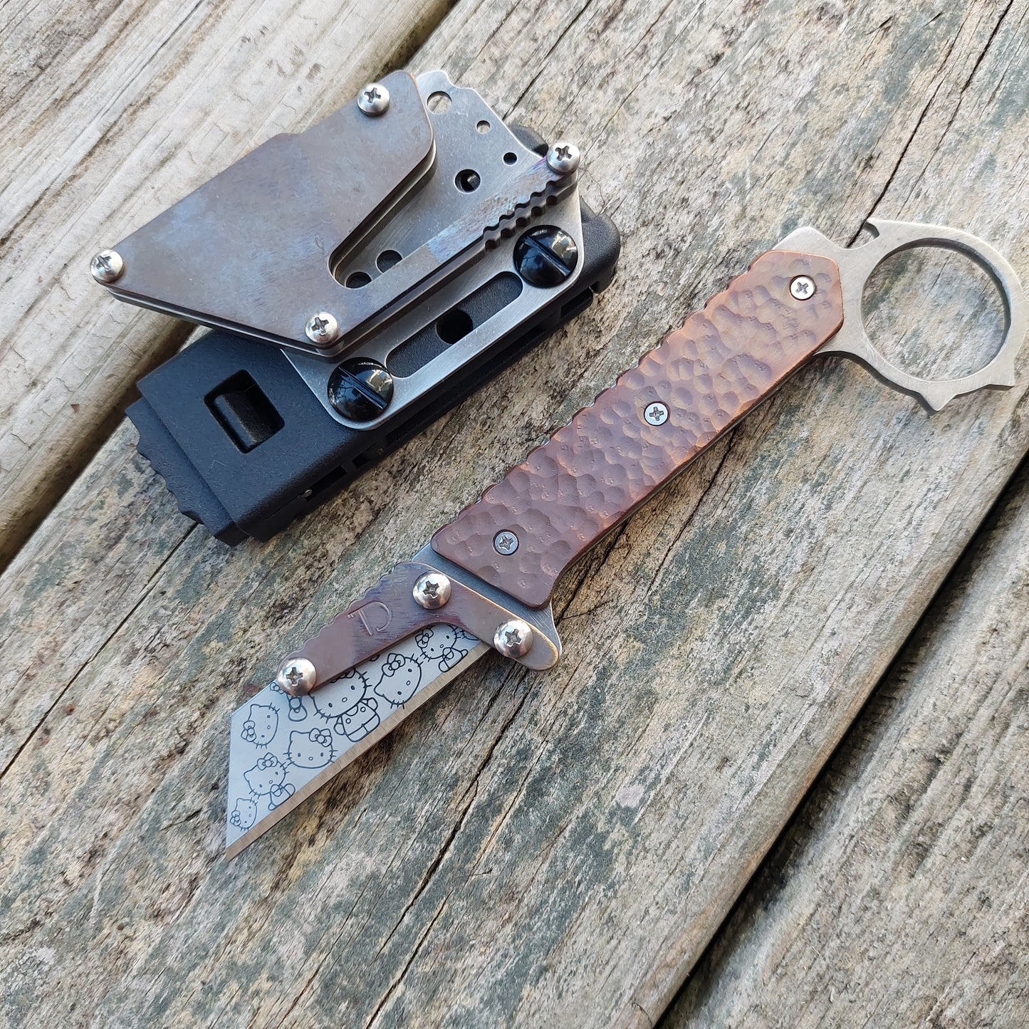 Teale Designs Tools Karambit  Safety Ring Style Fixed Utility Knife - Hammered Flamed